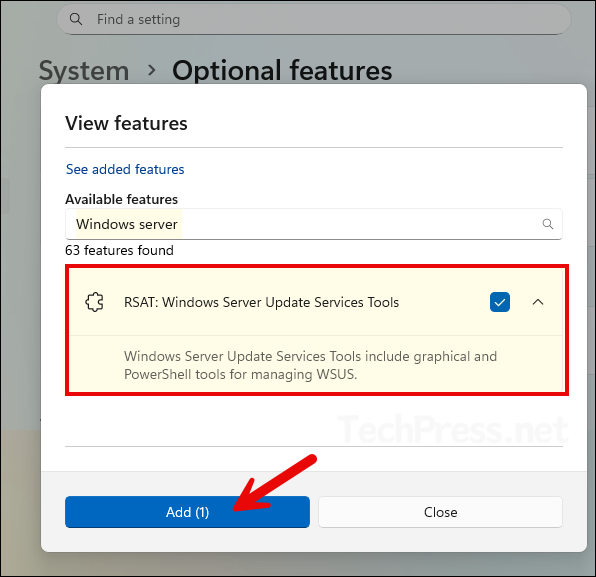 Select the checkbox for Windows server update services tools
