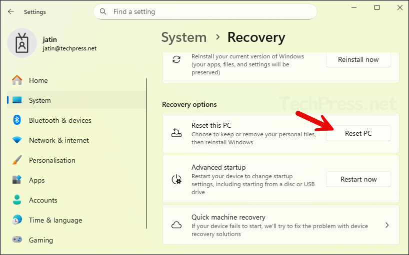 Reset PC option in Settings App