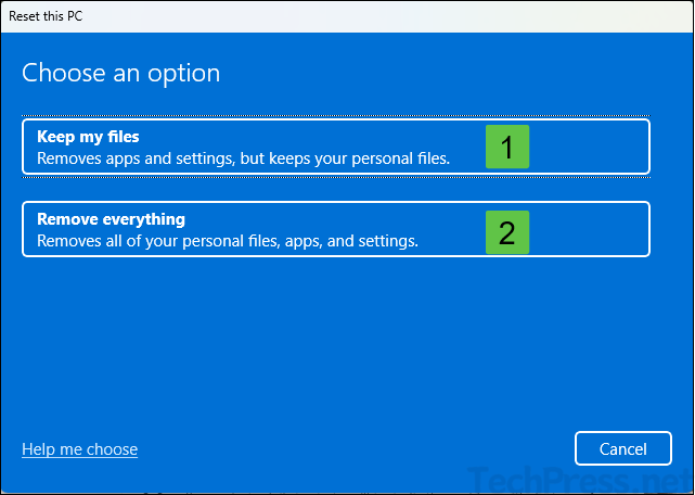 Reset Options Keep my files or remove everything