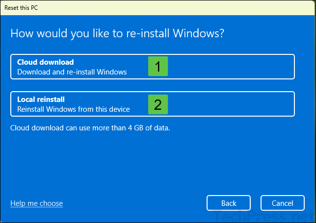 Cloud download vs local download reset options