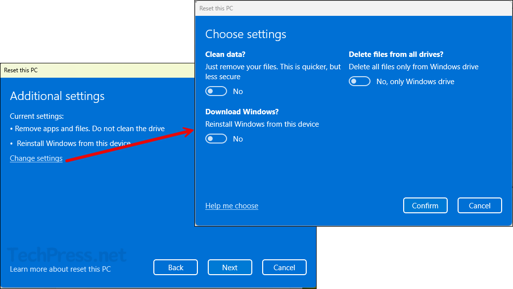 Additional Settings for Reset PC
