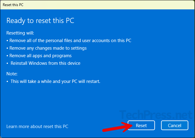 Click on Reset button to start Reset