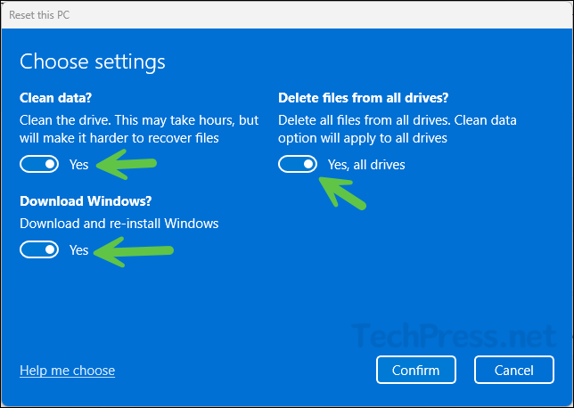 Clean data option reset PC