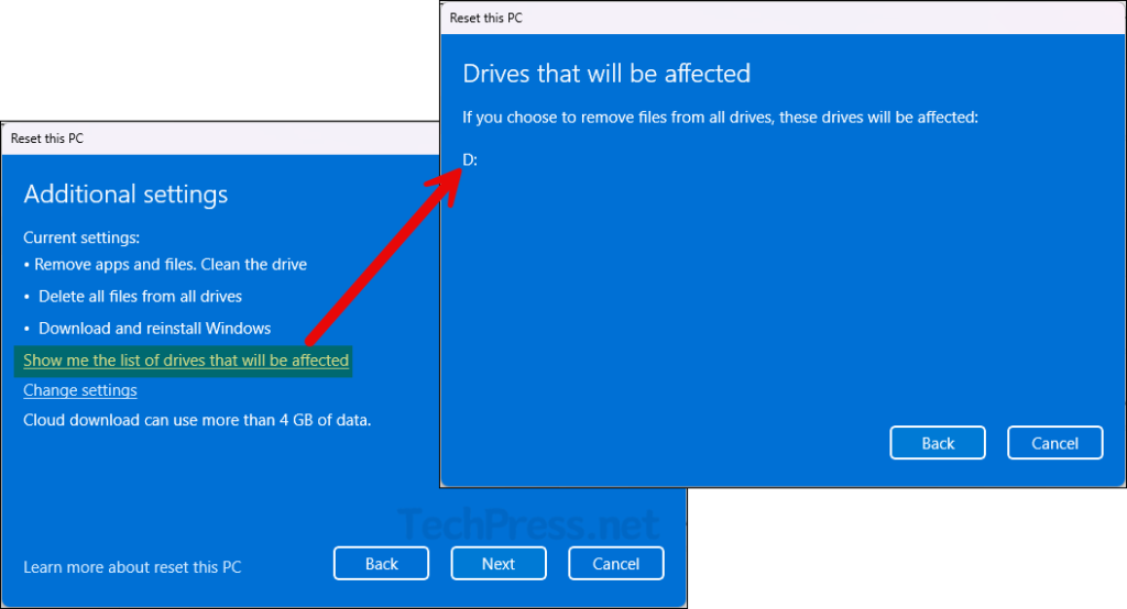 Show me the list of drives that will be affected while resetting PC