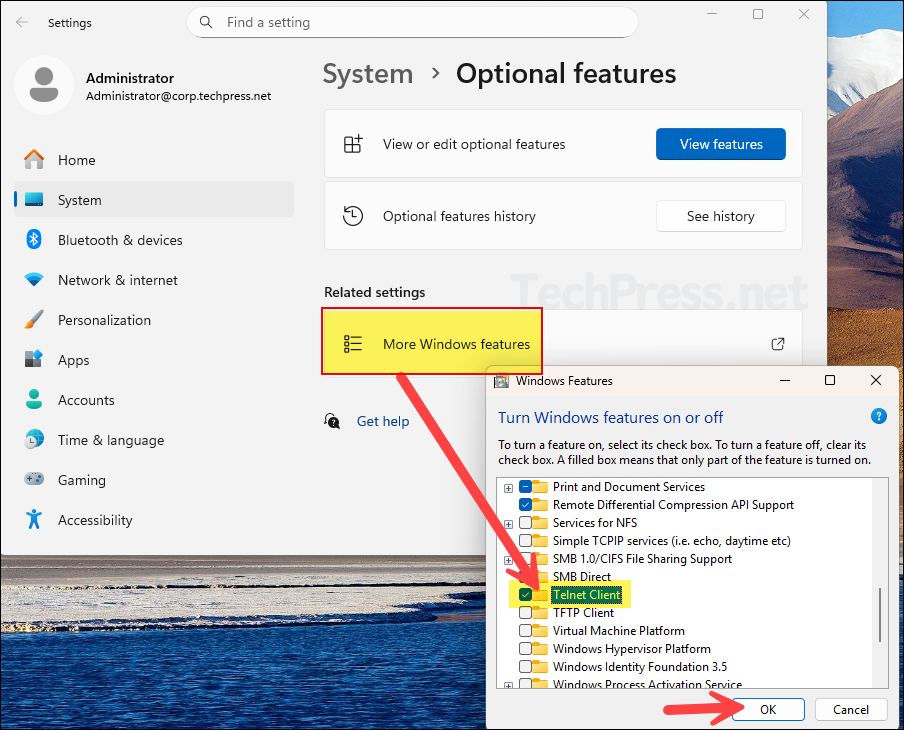 Check Telnet client feature to install on windows 11