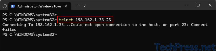 telnet test to IP on port 23