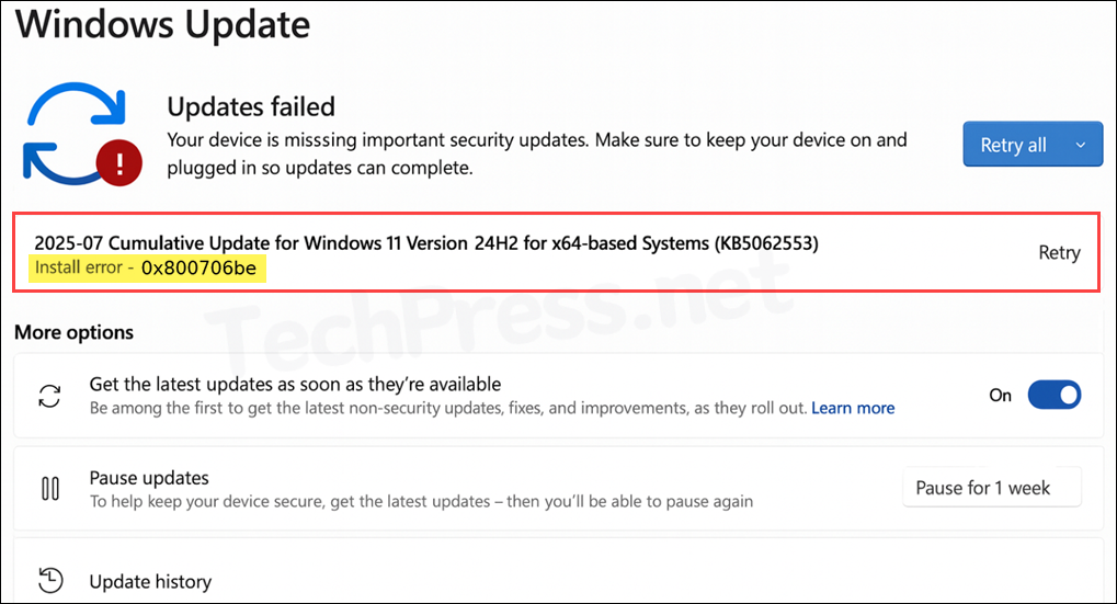 Fix Windows Update Install Error 0x800706be