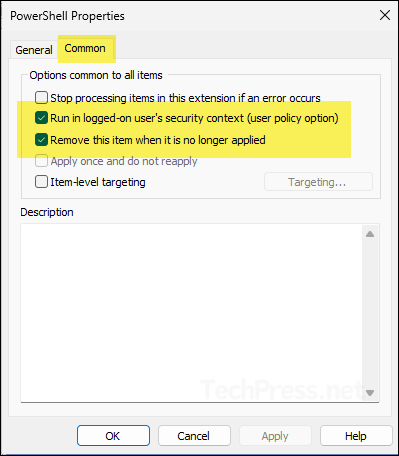 Run in logged-on user's security context (user policy option)