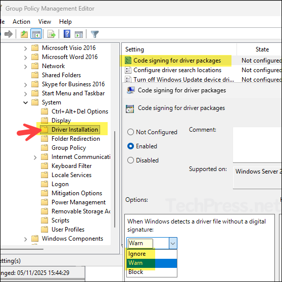 Disable Driver Signature Enforcement using Group Policy