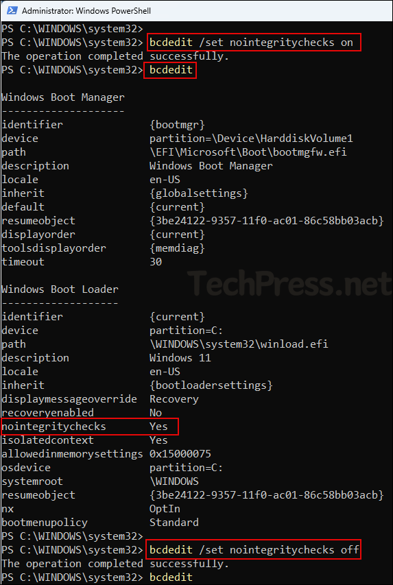 Disable Driver Signature Enforcement using BCDEdit