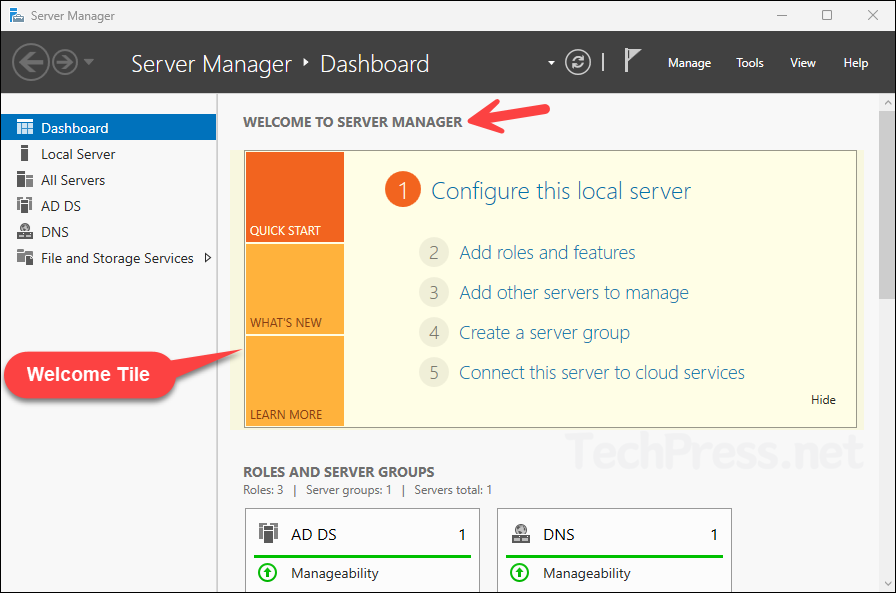 What is Welcome Tile in Server Manager