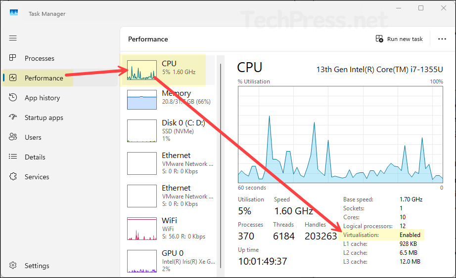 Virtualisation in task manager