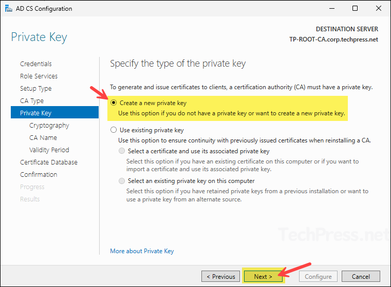 select create a private key