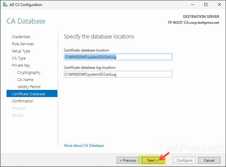 Keep the default locations for Certificate Database