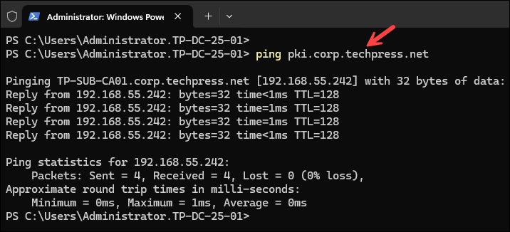 Ping CNAME of subordinate CA