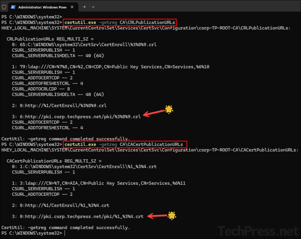certutil.exe -getreg CA\CRLPublicationURLs
