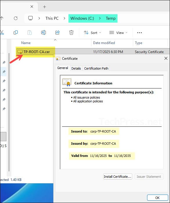 Root Certificate exported