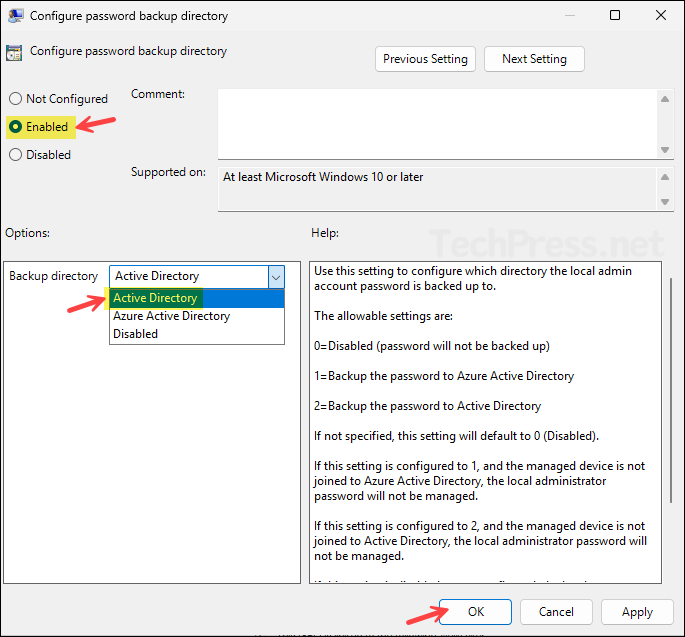 Configure password backup directory