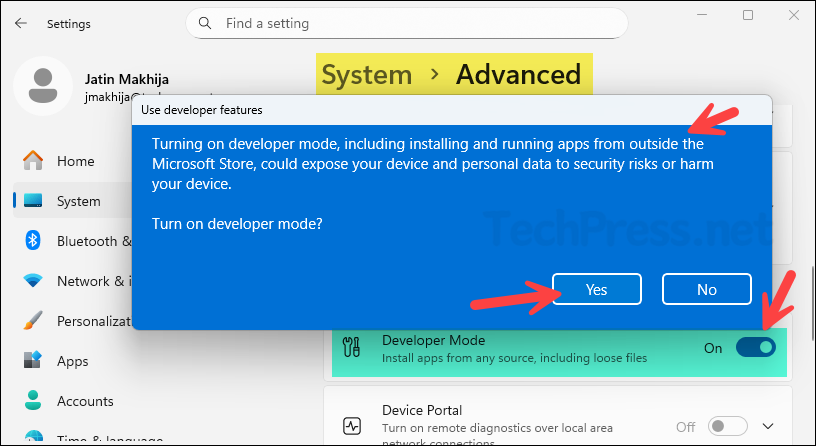 Enable or Disable Developer Mode via Settings