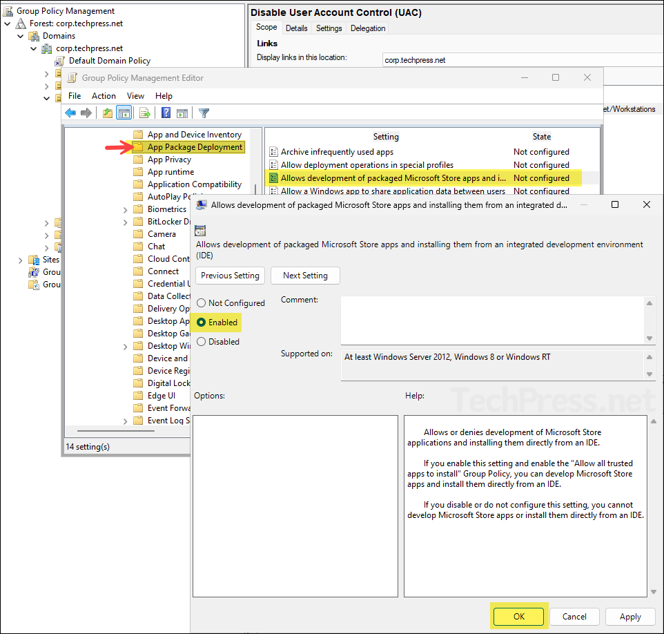 Using a Domain Group Policy (GPO)  to enable developer mode