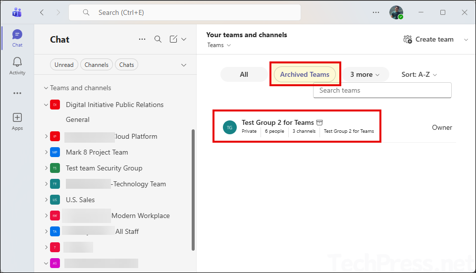Archived teams listing in Teams