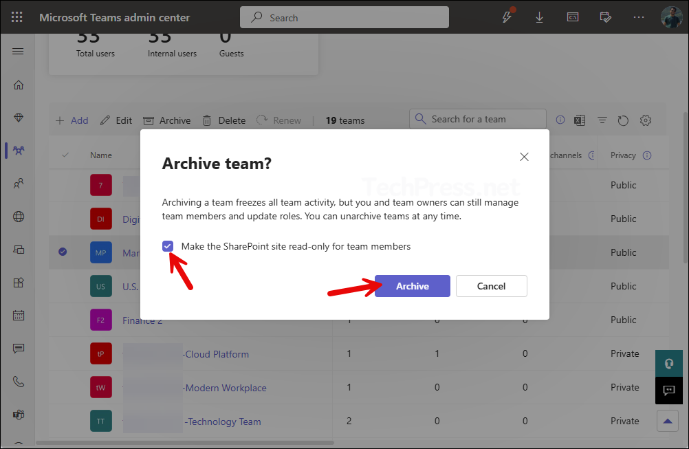 Make the SharePoint site read-only for team members on Teams admin center