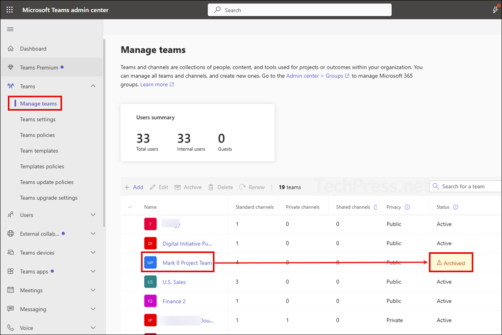 Archived team status on Teams admin center
