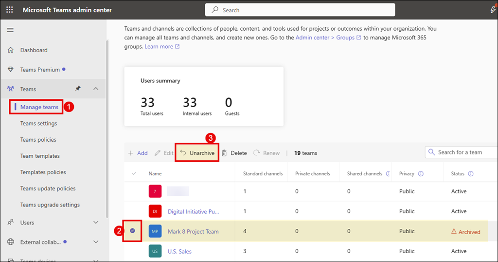 Steps to restore an archived Team as an admin