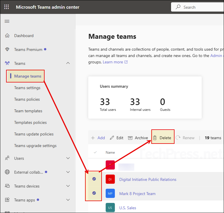 Delete a Team from the Teams admin center