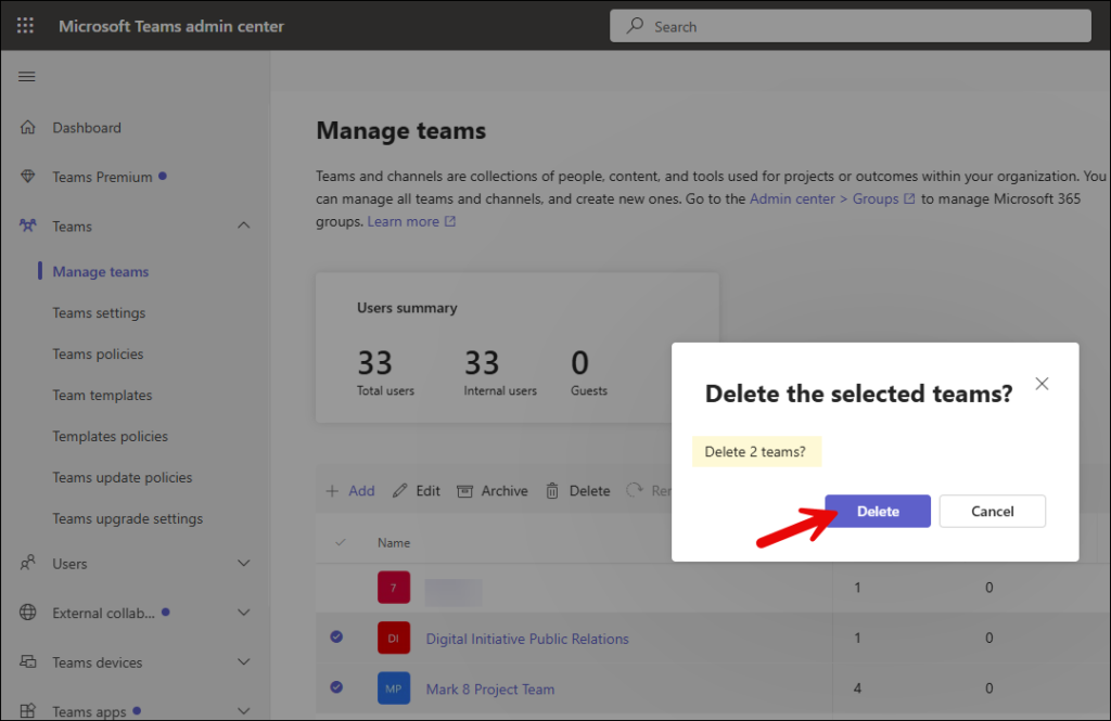 Click Delete to delete team
