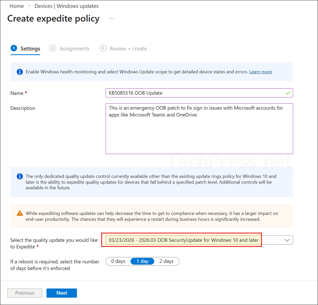 Install KB5085516 OOB Update using Intune