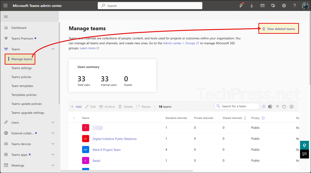 Click View Deleted Items on Teams admin center