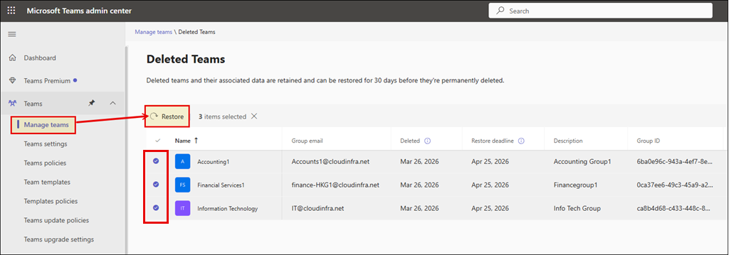 Restore a Deleted Team from Teams Admin Center