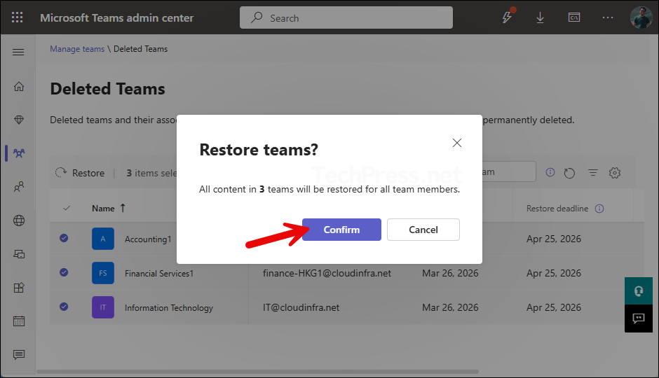 Click Confirm to confirm restoration of Team