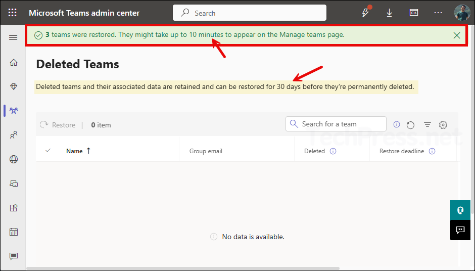 Restoration success message on teams admin center
