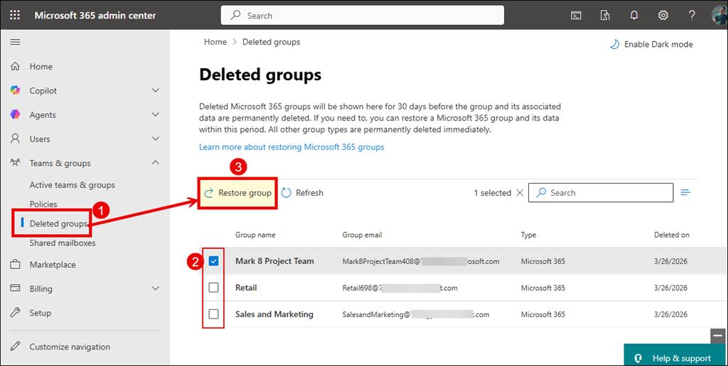 Click Restore Group to restore a team from Microsoft 365 admin center
