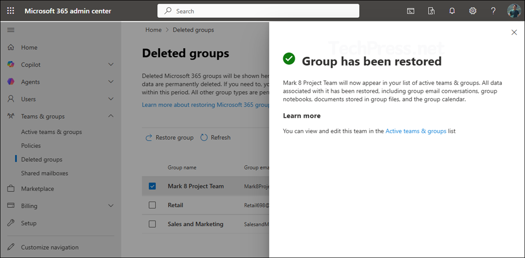 Group has been restored message on Microsoft 365 admin center