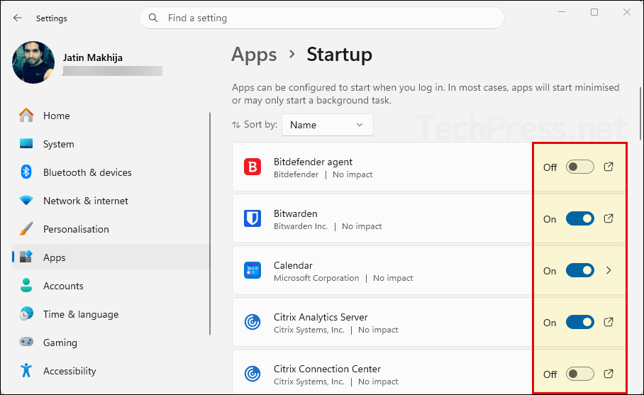 Disable startup programs from Settings