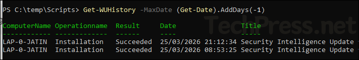 Get-WUHistory -MaxDate (Get-Date).AddDays(-1)
