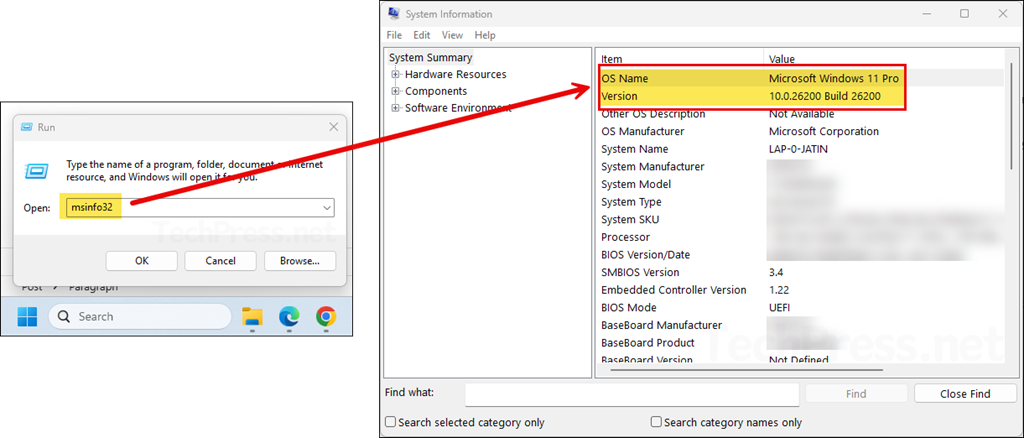 Use System Information (msinfo32) to find windows edition and version