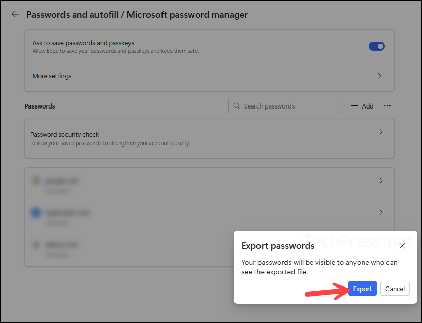 Click Export button to start the export process
