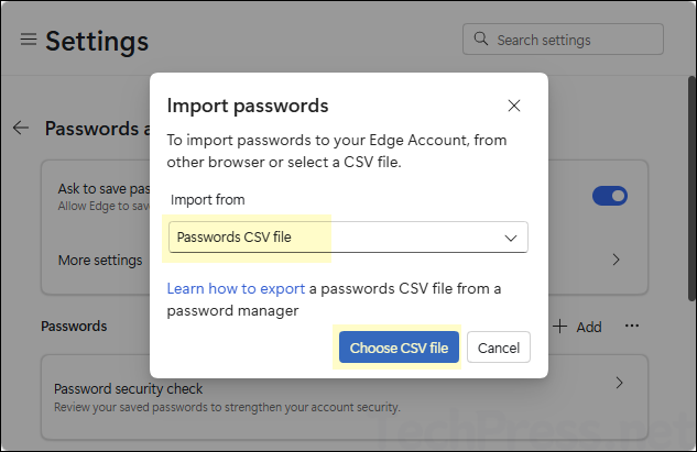 Select Passwords CSV file