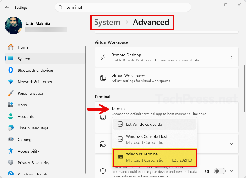 Set Windows Terminal as default via Settings app
