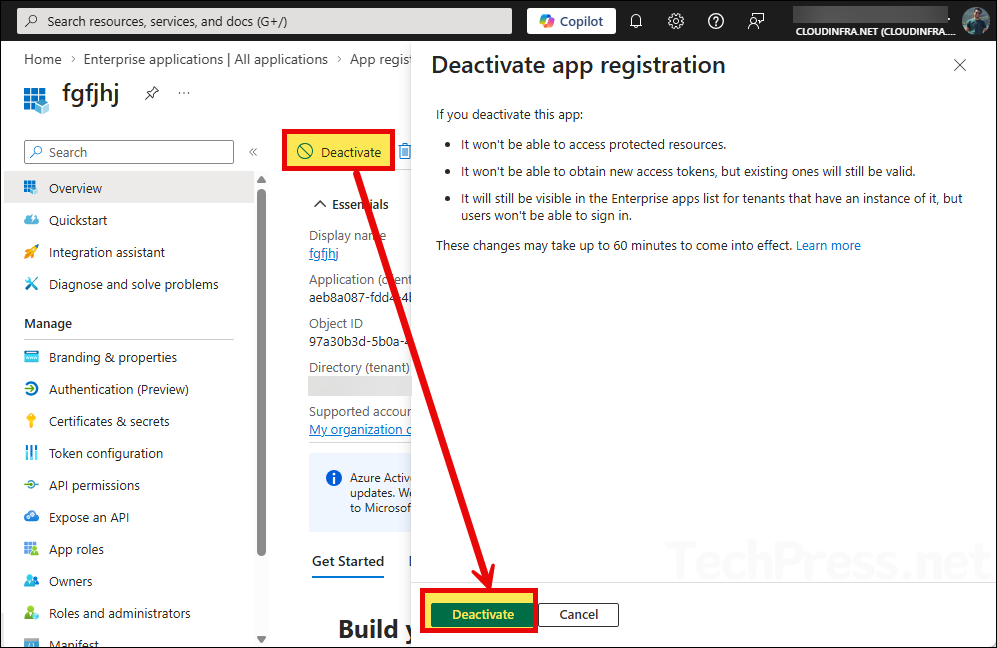 Deactivating Application using Entra Admin Center