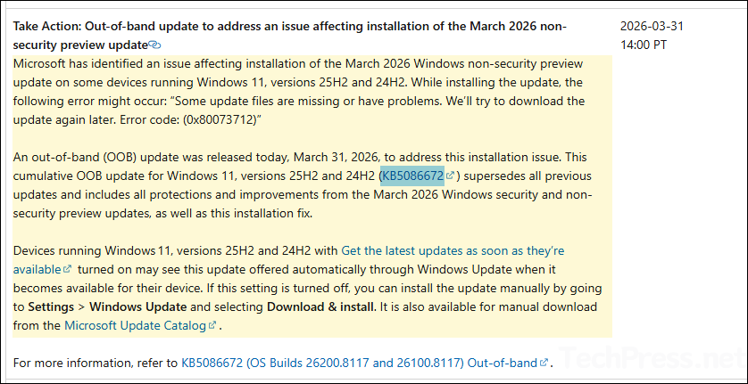 Windows message center information on KB5086672