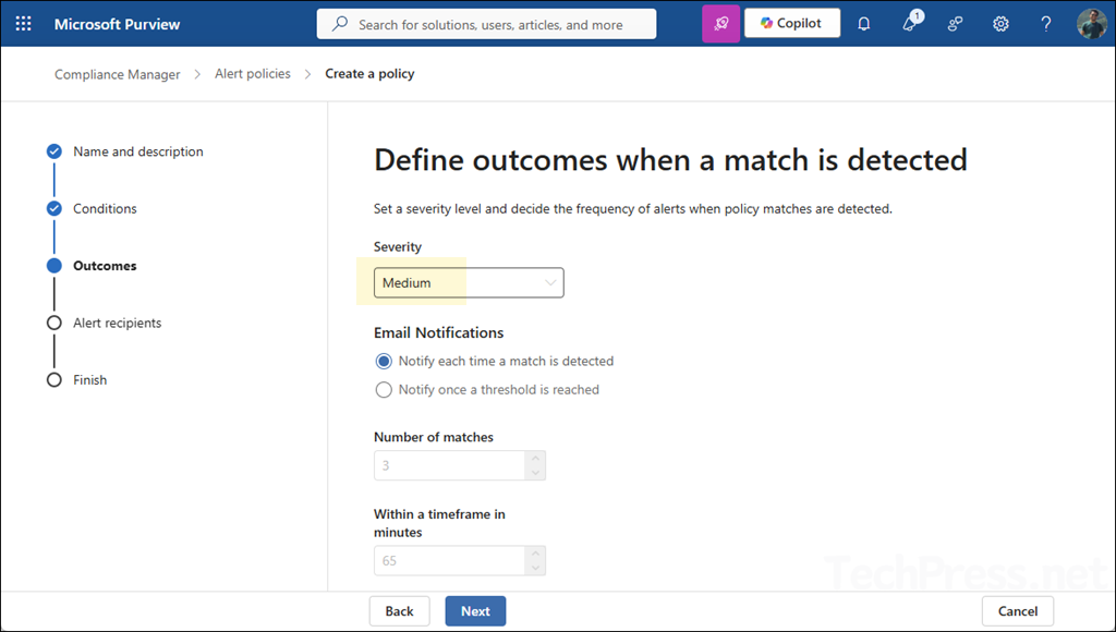 Select severity and configure frequency of notifications