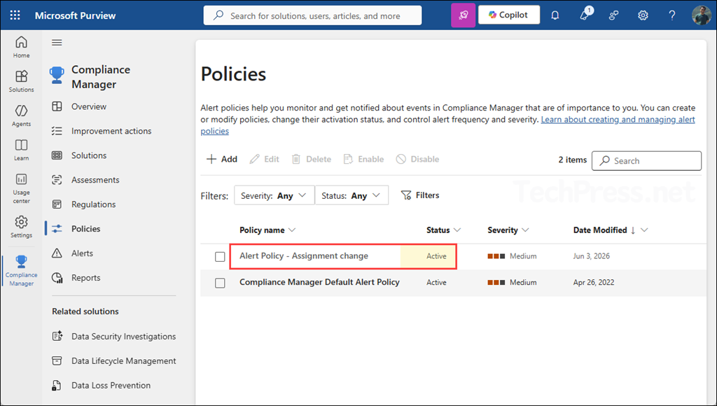 Alert policy status showing active